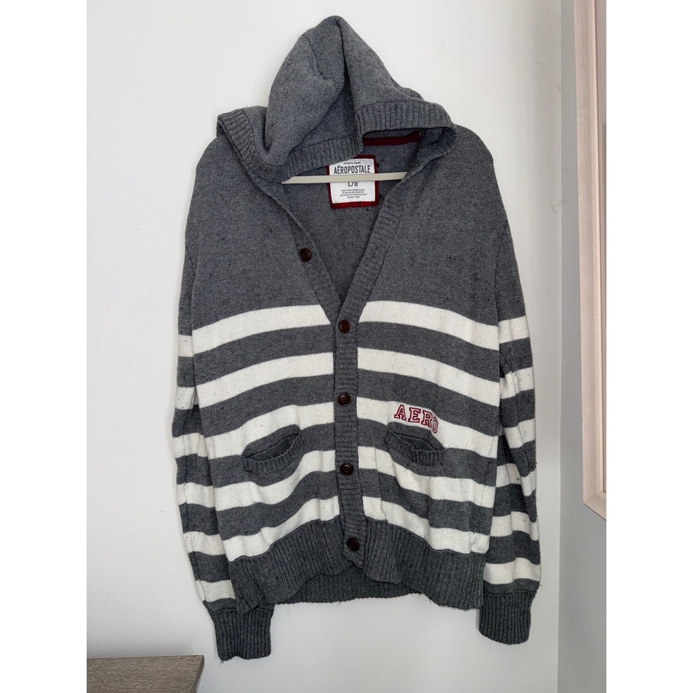 Aeropostale Mens Grey White Striped Hooded Cardigan Sweater Large Logo Button Up